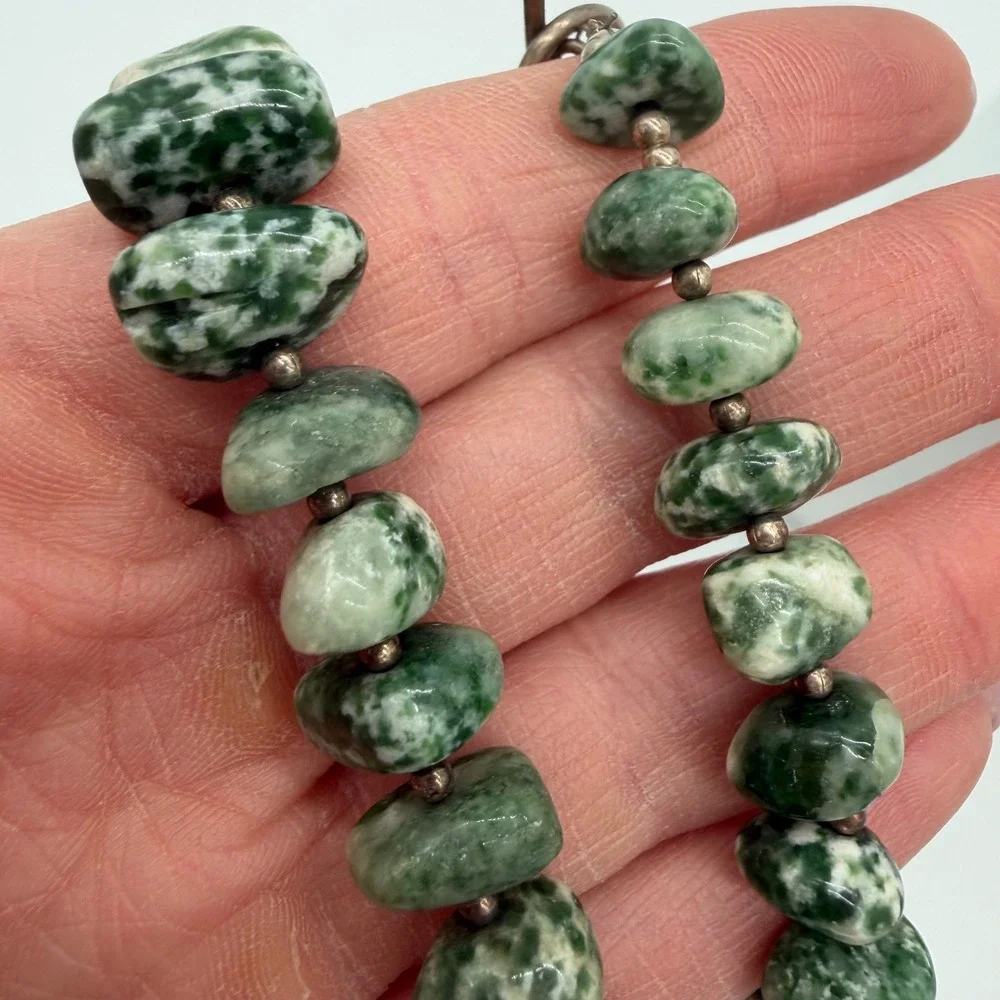 Vintage Green White Stone Bead Necklace Mottled Jasper Agate Toggle Statement